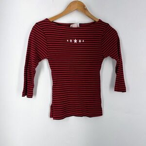Hard Tail Womens Ribbed Striped 3/4 Sleeve Star Boat Neck Top Red Black One Size